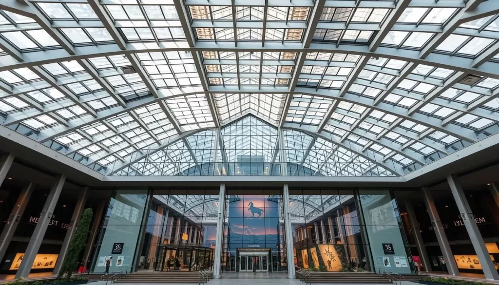 Generate an image of the Silesian Museum's main building with glass cubes on the surface, allowing natural light to illuminate the exhibits below.