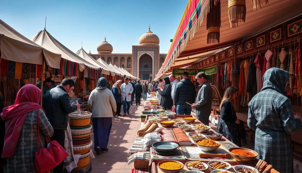 Generate an image of the Silk and Spices Festival in Bukhara, showcasing traditional crafts and local cuisine.