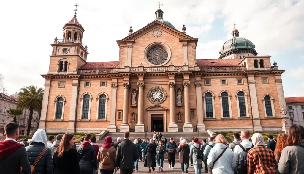 Generate an image of the Sonntagberg Basilica's facade with pilgrims walking towards it.