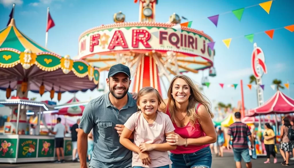 Generate an image of the South Florida Fair, highlighting a family-friendly atmosphere with rides and exhibits.