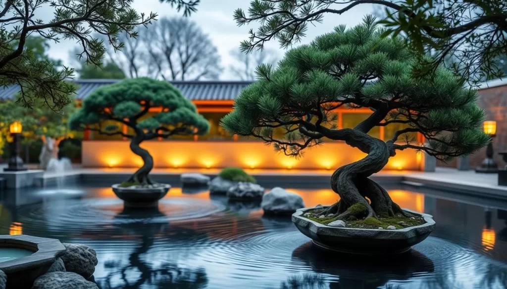 Generate an image of the Spirited Garden featuring ancient bonsai trees and serene water features.