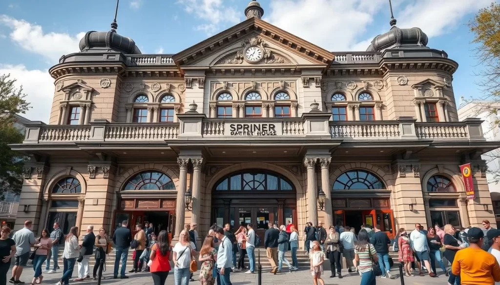 Generate an image of the Springer Opera House's grand Victorian-era facade with a crowd of people gathered outside.