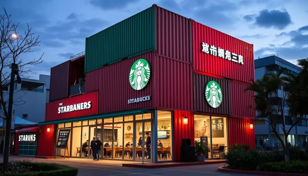 Generate an image of the Starbucks Container Store in Hualien, featuring its unique architecture made from stacked shipping containers.