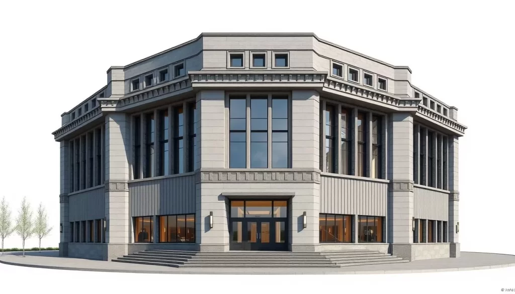 Generate an image of the Stefan Jaracz Theatre's distinctive grey symmetrical exterior.