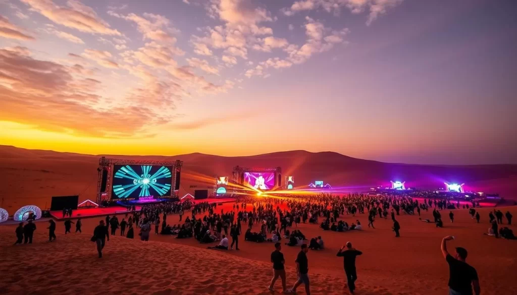 Generate an image of the Stihia Electronic Music Festival in the Aral Desert, highlighting the contrast between the desert landscape and modern electronic music.