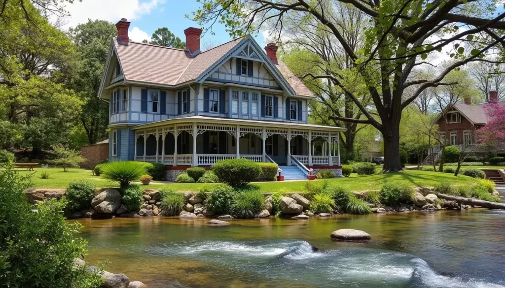 Generate an image of the Stockton House Museum, an ornately decorated 1872 home overlooking a natural spring.