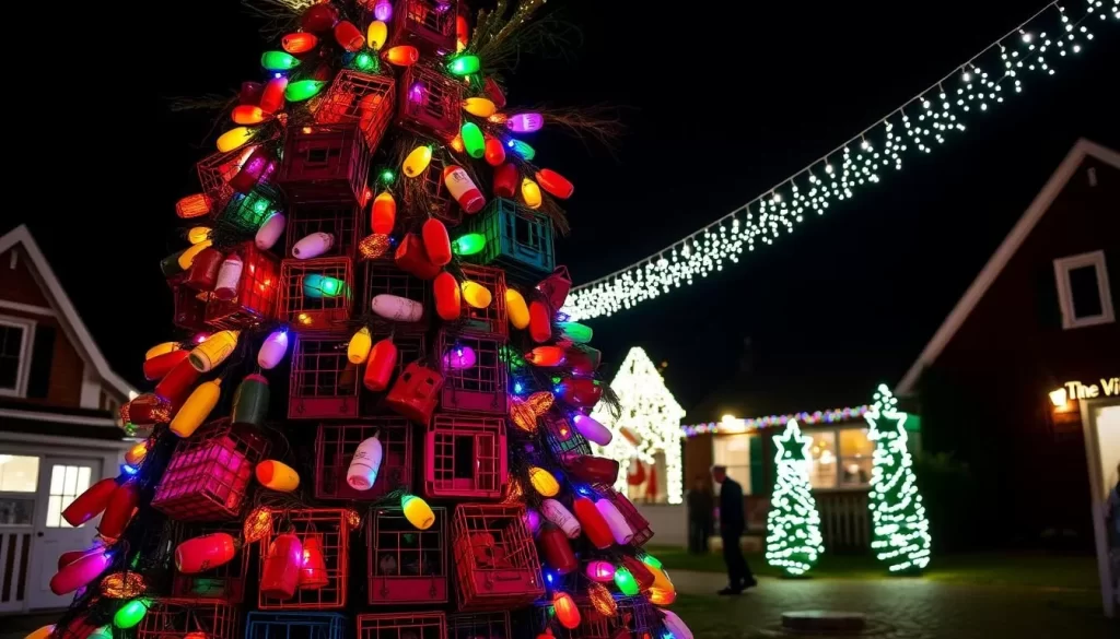 Generate an image of the Stonington Lobster Trap Tree, decorated with lobster traps, buoys, and lights, standing as a unique holiday landmark.