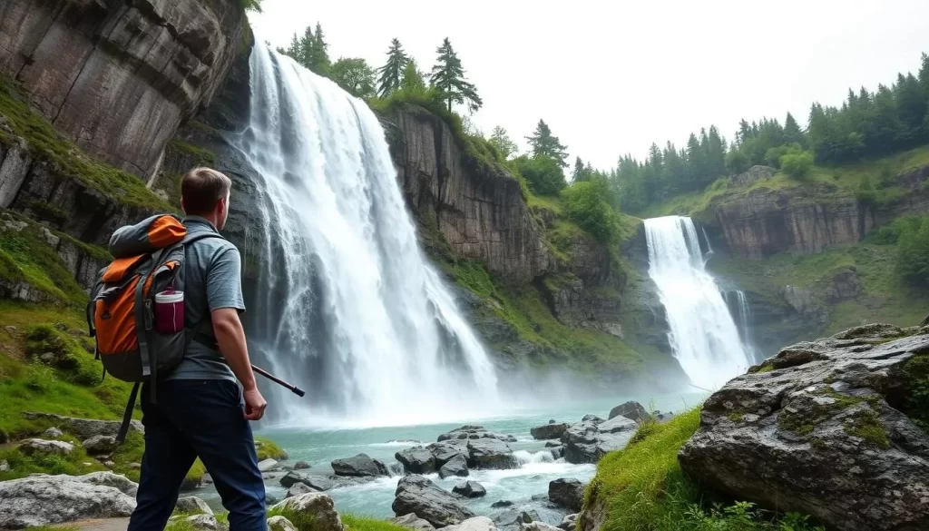 Generate an image of the Stuibenfall waterfall with a hiker in the foreground.