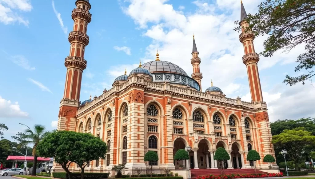 Generate an image of the Sultan Abu Bakar Mosque, showcasing its unique Victorian-Moorish architecture and four minaret towers.