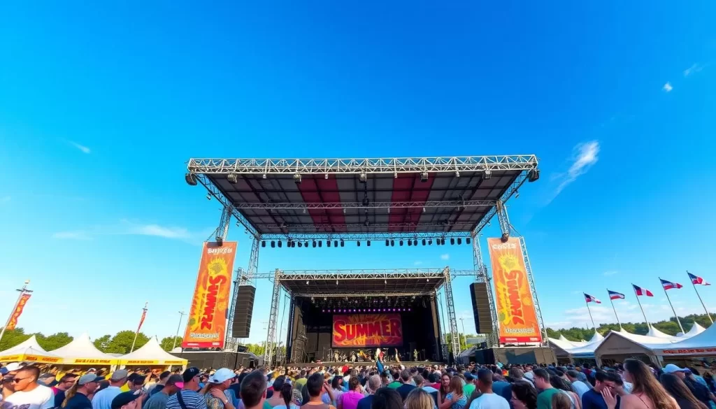 Generate an image of the Summerfest grounds in Milwaukee, Wisconsin, with stages and crowds enjoying live music.