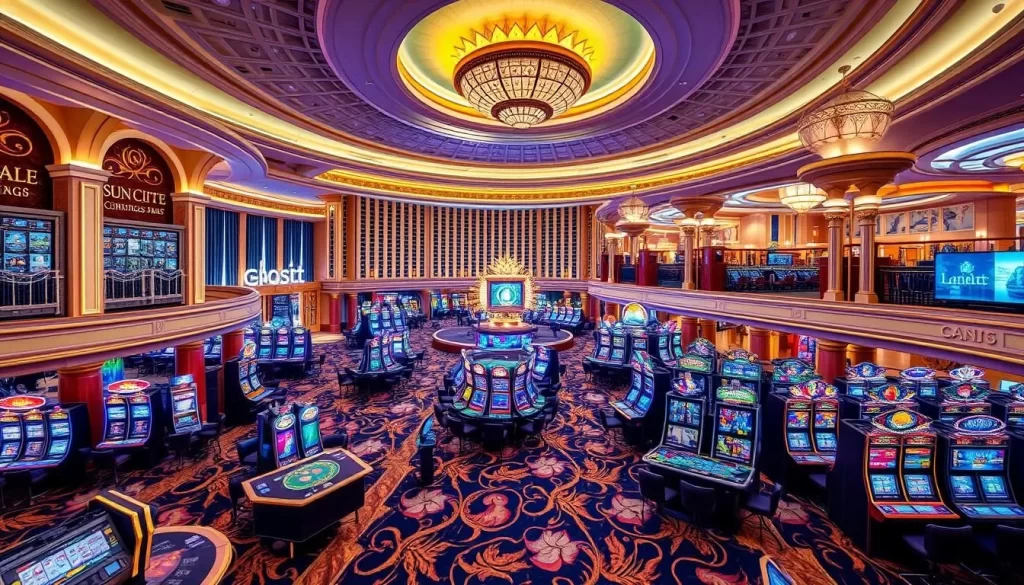 Generate an image of the Sun City Casino, showcasing its vibrant gaming floor and luxurious amenities.
