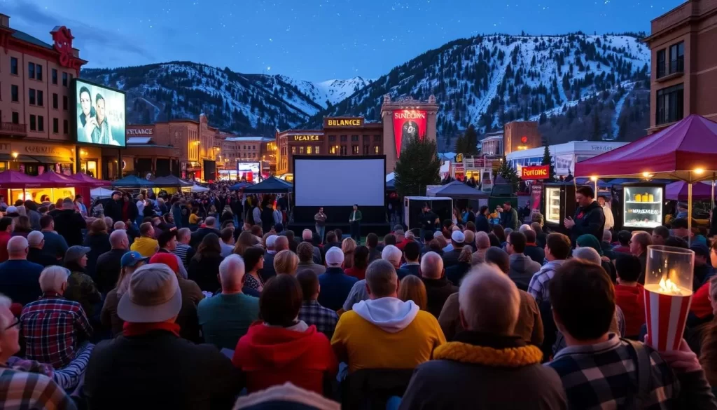 Generate an image of the Sundance Film Festival crowd watching a movie outdoors in Park City, Utah.