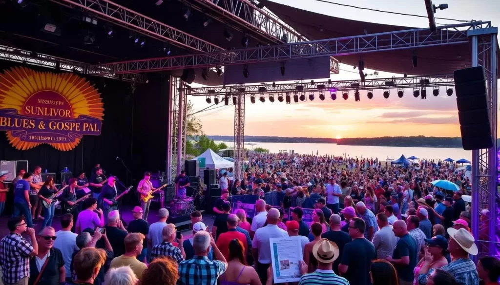 Generate an image of the Sunflower River Blues & Gospel Festival, highlighting the mix of blues and gospel performances.