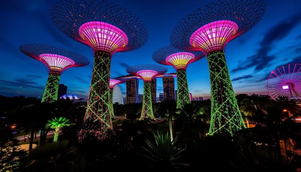 Generate an image of the Supertree Grove at Gardens by the Bay during the Garden Rhapsody light show.