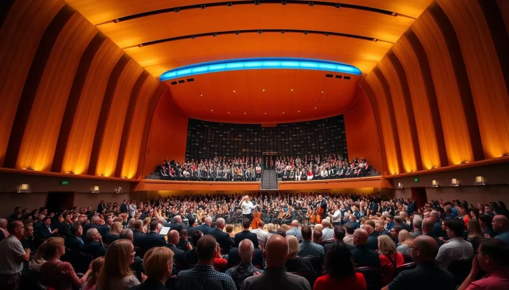 Generate an image of the Szczecin Philharmonic Hall's modern architecture with a crowd attending a classical music concert.