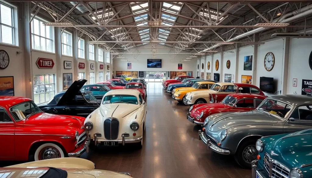 Generate an image of the TAF-TIMER Vintage Car Museum's interior, showcasing a collection of vintage cars.
