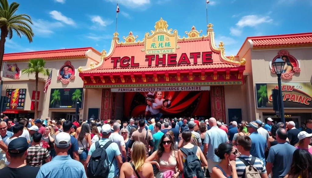 Generate an image of the TCL Chinese Theatre with a crowd of tourists and a giant movie premiere backdrop.