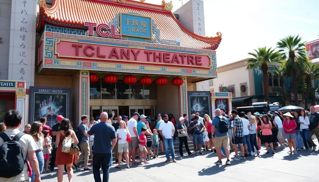 Generate an image of the TCL Chinese Theatre with a crowd of tourists viewing the handprints and footprints.
