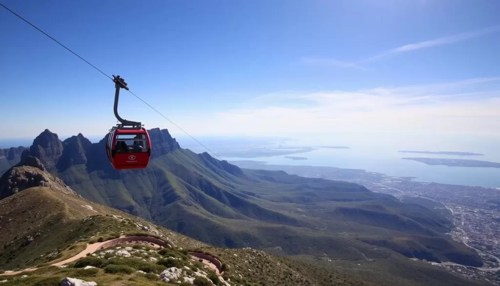 Generate an image of the Table Mountain Aerial Cableway in operation, with a cable car ascending towards the summit.
