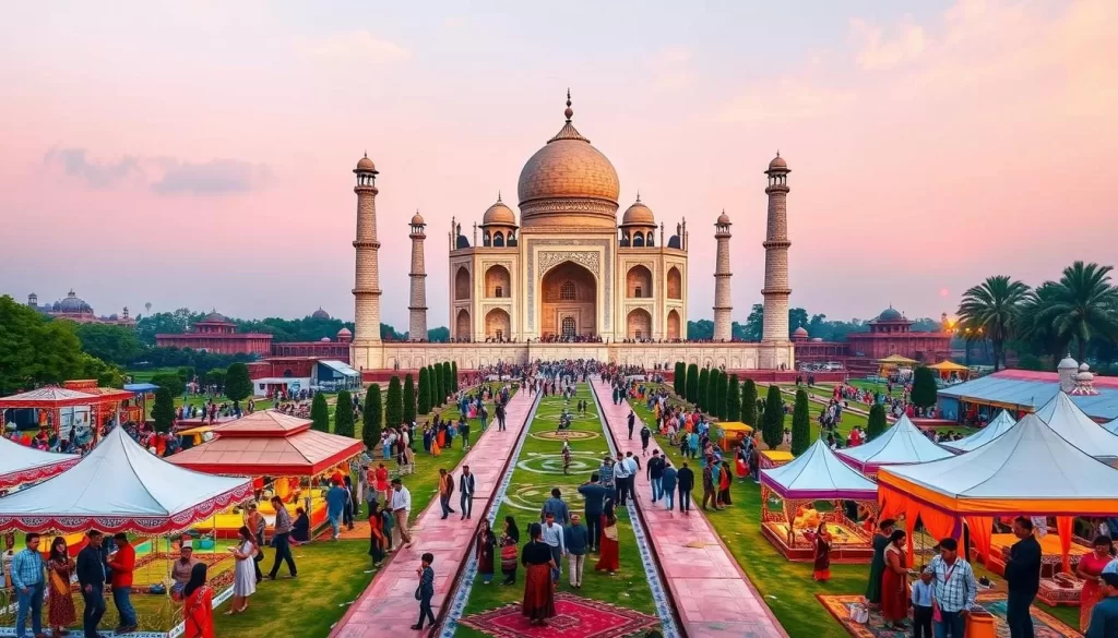 Generate an image of the Taj Mahotsav festival grounds near the Taj Mahal.
