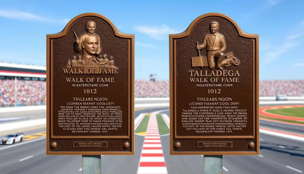 Generate an image of the Talladega Walk of Fame with bronze plaques honoring NASCAR racing legends.