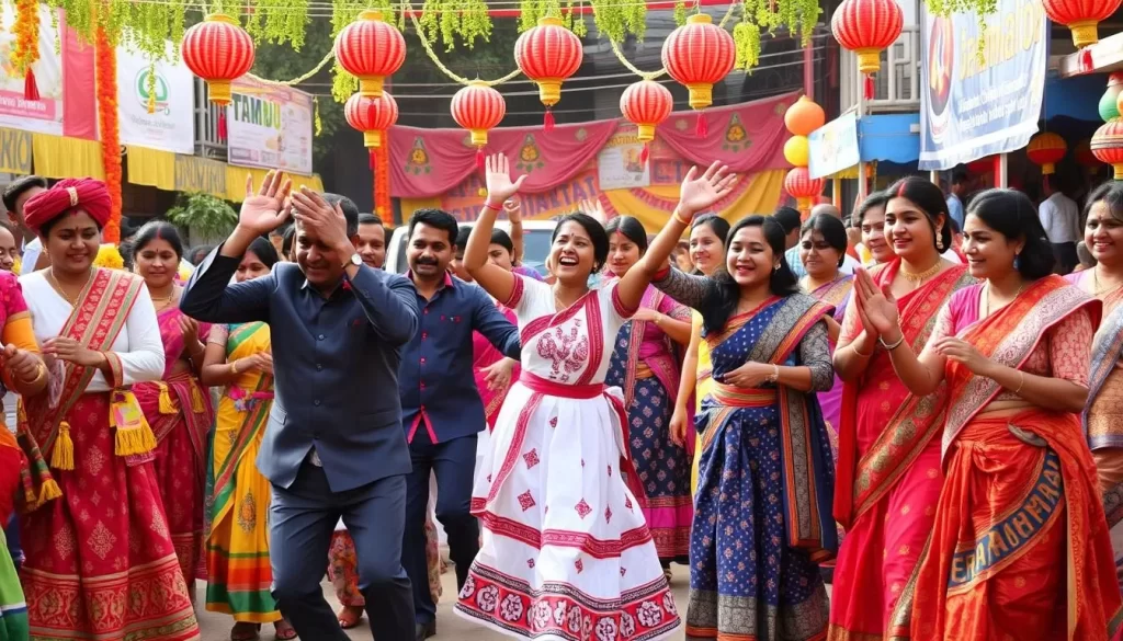 Generate an image of the Tamladu Festival celebration with people in traditional attire performing folk dances.