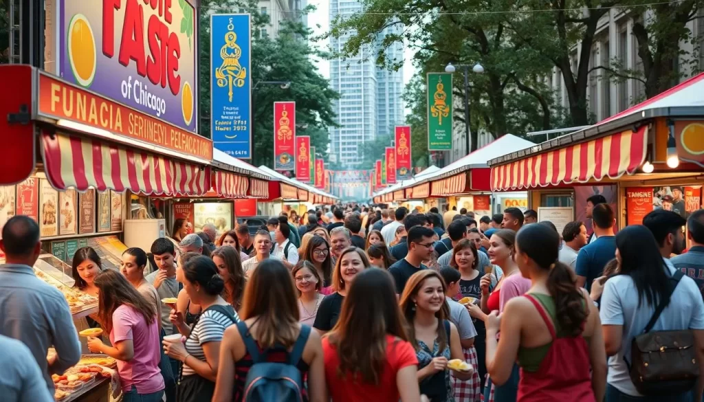 Generate an image of the Taste of Chicago festival with a crowd of people enjoying food from various vendors.