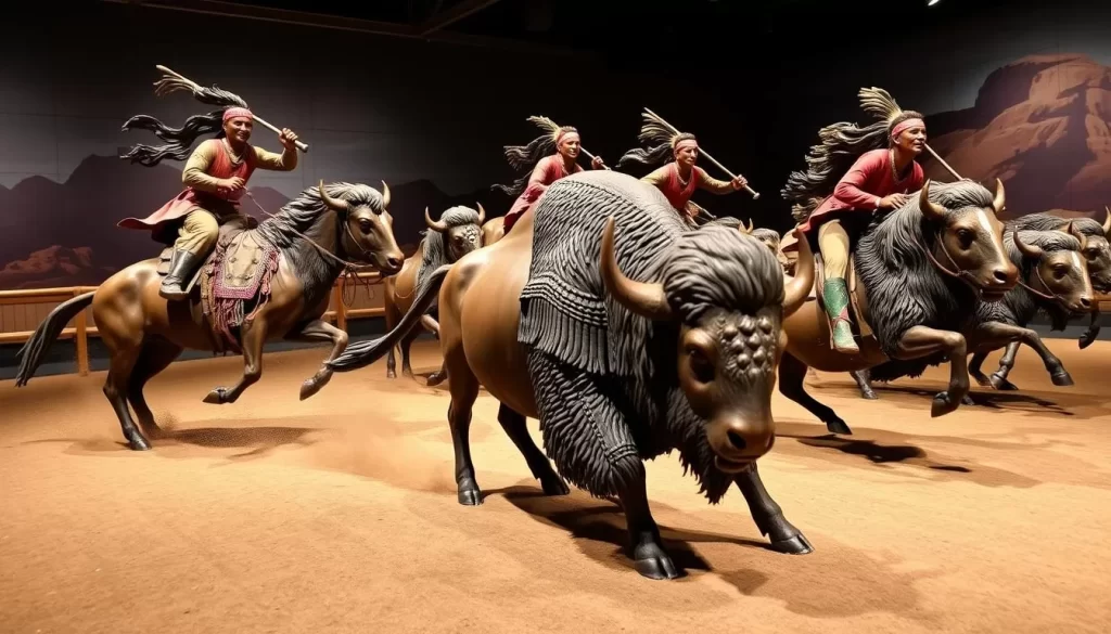 Generate an image of the Tatanka: Story of the Bison exhibit in Deadwood, South Dakota, featuring bronze sculptures of bison being pursued by Native American riders.