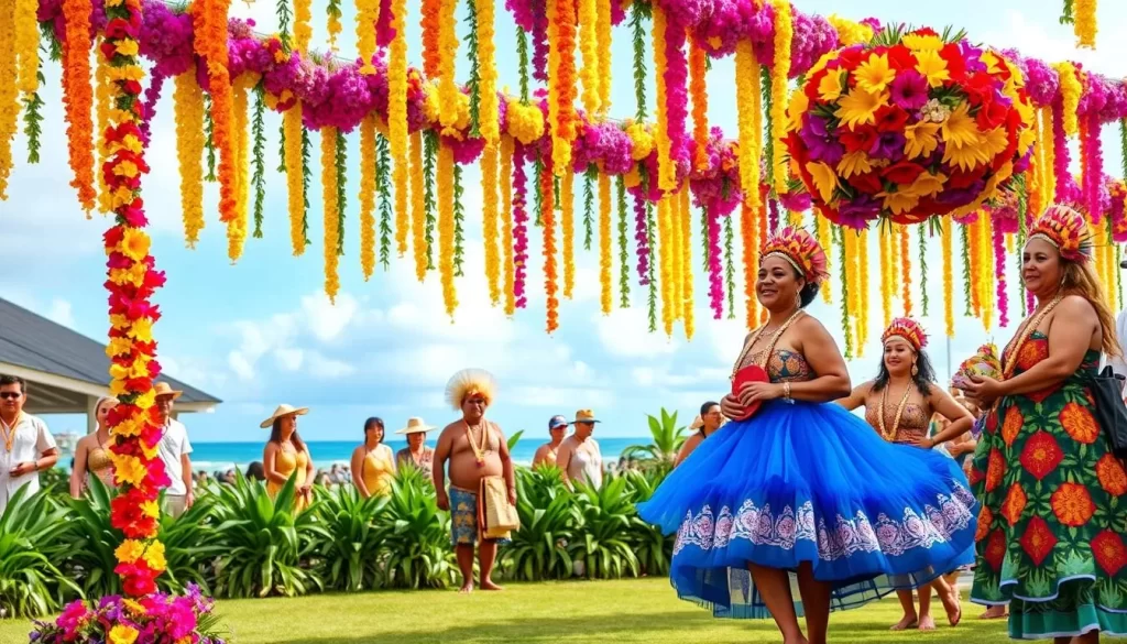 Generate an image of the Te Mire Tiare Flower Festival in the Cook Islands, showcasing vibrant floral decorations and the Mama Muumuu Pageant.