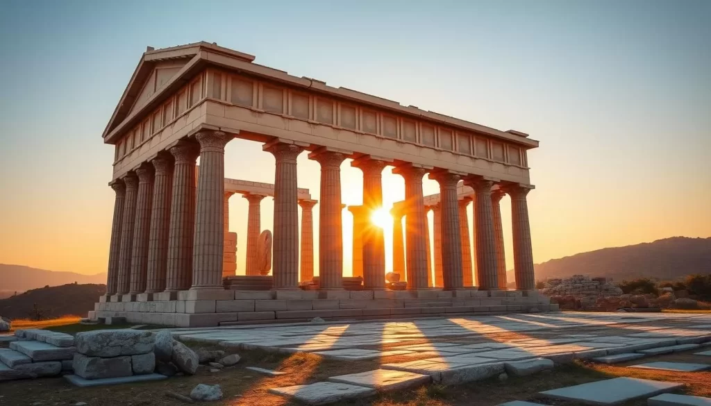 Generate an image of the Temple of Apollo and Athena in Side, Turkey, during the golden hour.