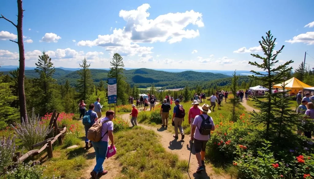 Generate an image of the Tennessee Mountain Laurel Festival in Wartburg, showcasing people hiking and enjoying live music.