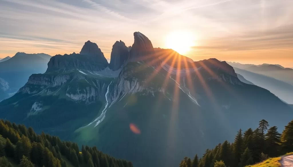 Generate an image of the Three Sisters Mountains in Liechtenstein, showcasing their majestic beauty as seen from Gaflei.