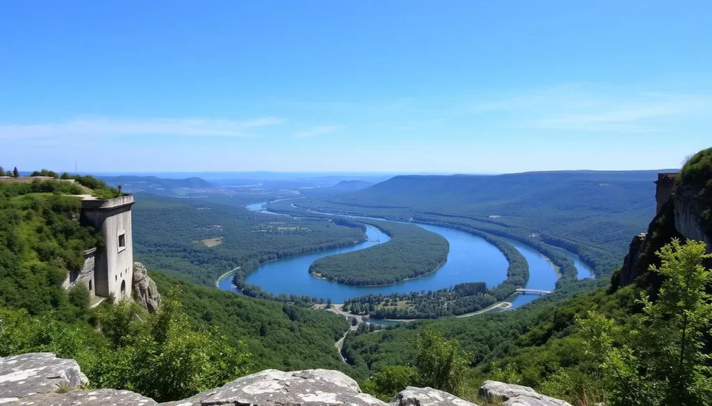 Generate an image of the Tombeau de Géant viewpoint with the Semois River bending around it.