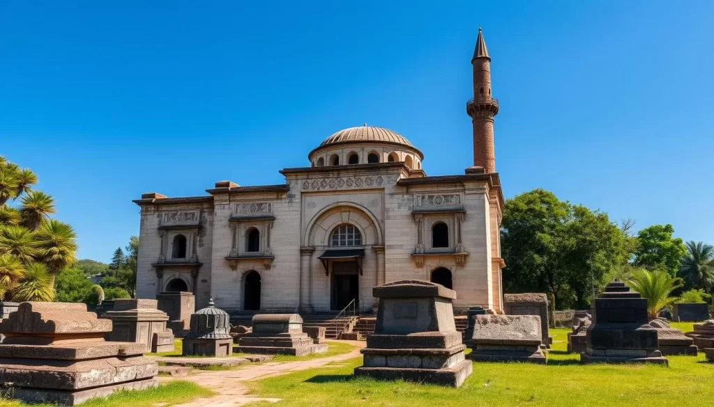 Generate an image of the Tongoni Ruins, focusing on the ancient mosque and tombs.