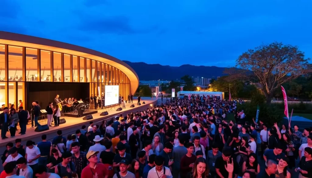 Generate an image of the Tongyeong Arts Center during the Tongyeong International Music Festival, with a crowd of people enjoying the performances.