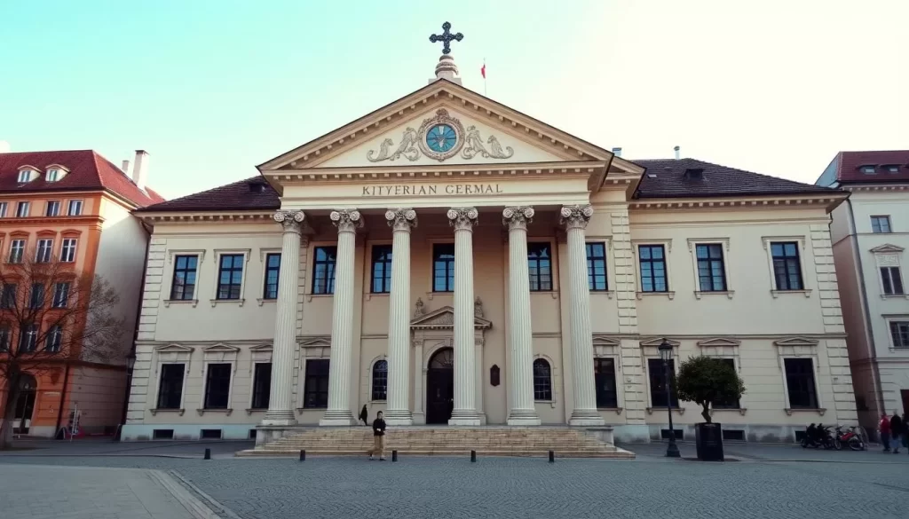 Generate an image of the Town Hall in Krems, highlighting its historic facade and columned hall.