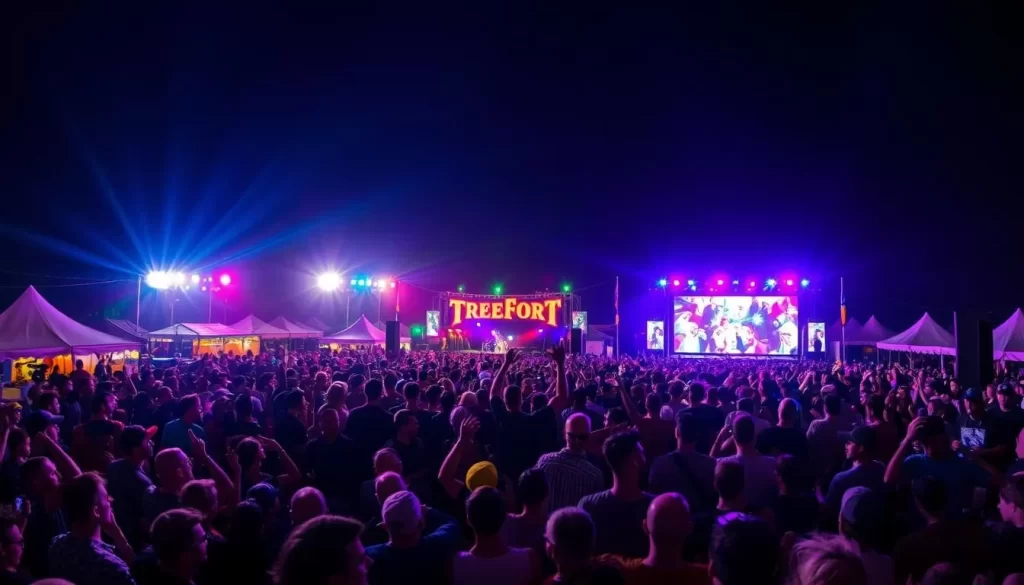 Generate an image of the Treefort Music Fest in Boise, Idaho, with a crowd enjoying live music.