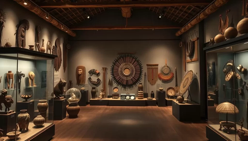 Generate an image of the Tribal Cultural Museum's interior with tribal artifacts on display.