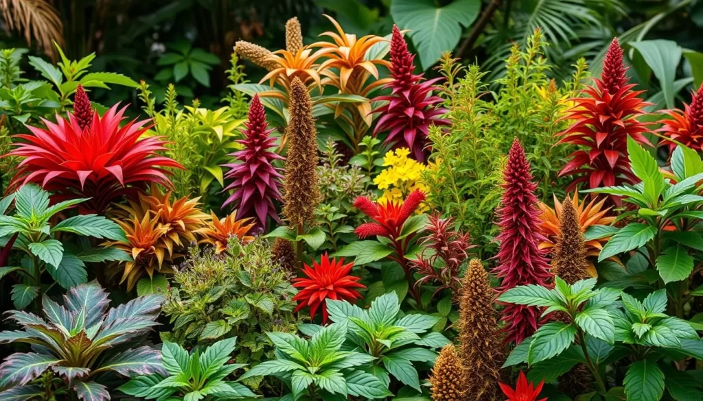 Generate an image of the Tropical Spice Garden with a variety of spices and herbs on display.