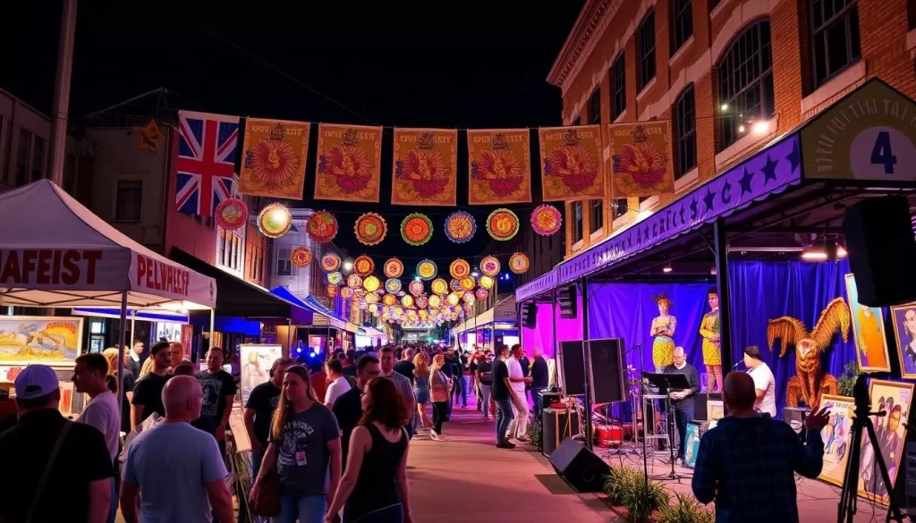 Generate an image of the Tulsa International Mayfest, showcasing diverse art pieces and performances in the Downtown Tulsa Arts District.