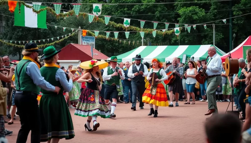 Generate an image of the Tulsa Irish Festival, featuring traditional Irish dancers and musicians.