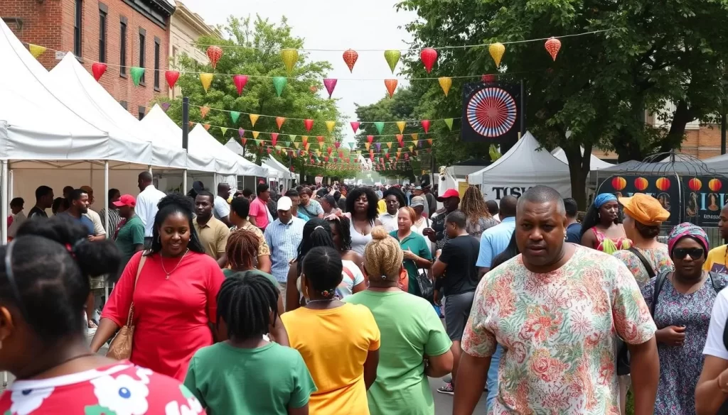 Generate an image of the Tulsa Juneteenth Festival in the Historic Greenwood District, showcasing a lively atmosphere with people enjoying live music and cultural exhibitions.