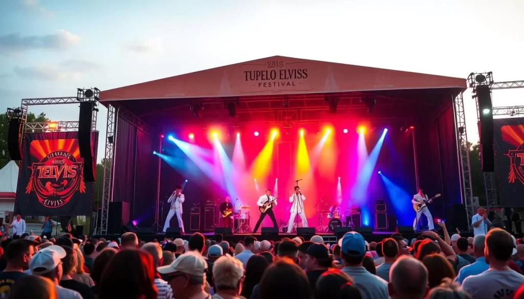 Generate an image of the Tupelo Elvis Festival main stage with Elvis tribute artists performing.