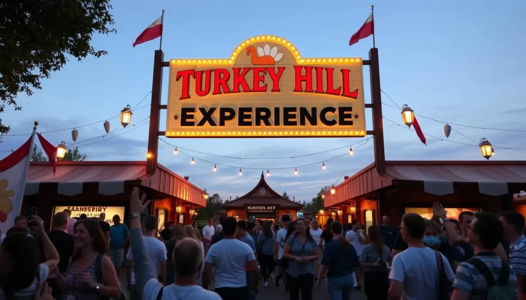 Generate an image of the Turkey Hill Experience entrance with a sign and a crowd of visitors.