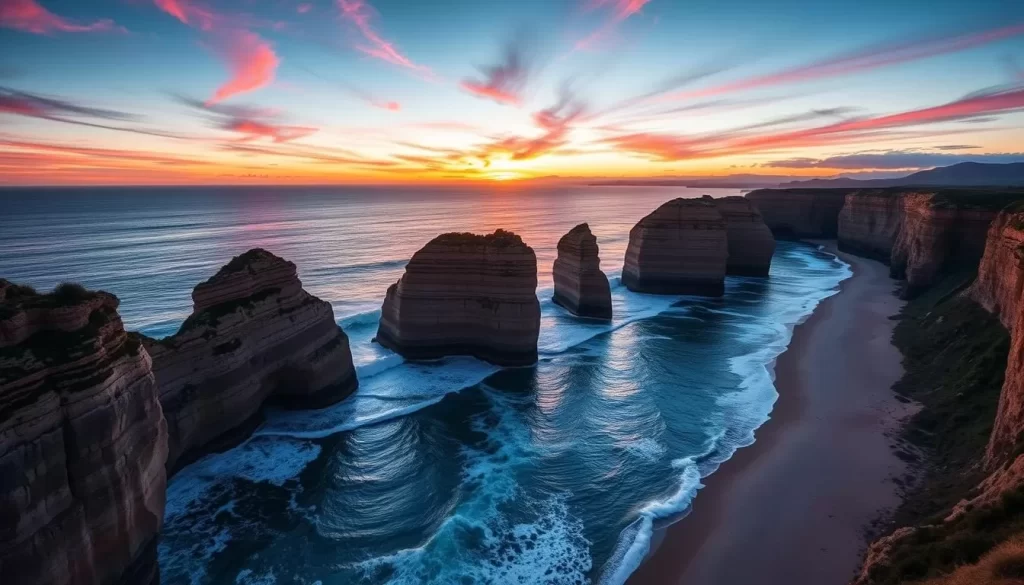 Generate an image of the Twelve Apostles limestone stacks along the Great Ocean Road