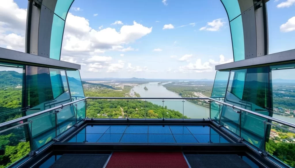 Generate an image of the 'U' shaped glass skywalk at Wat Pha Tak Suea, offering panoramic views of the Mekong River.