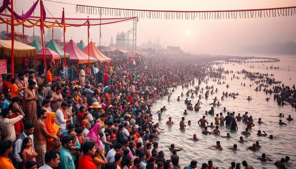 Generate an image of the Ujjain Kumbh Mela scene with devotees gathering on the banks of the Shipra River.