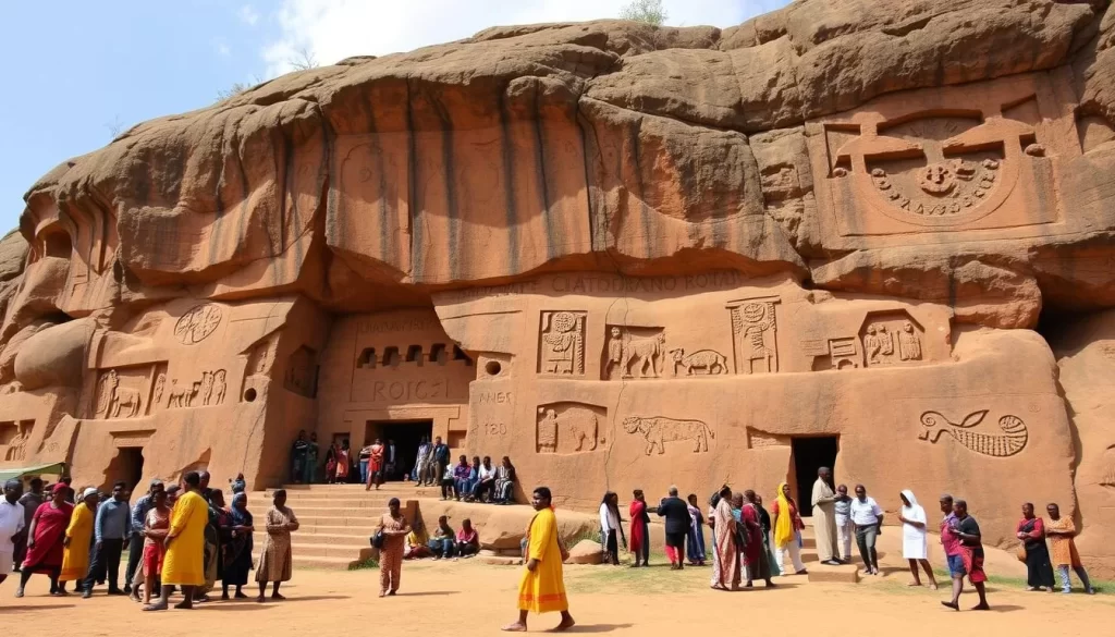 Generate an image of the Unakoti rock carvings during the festival