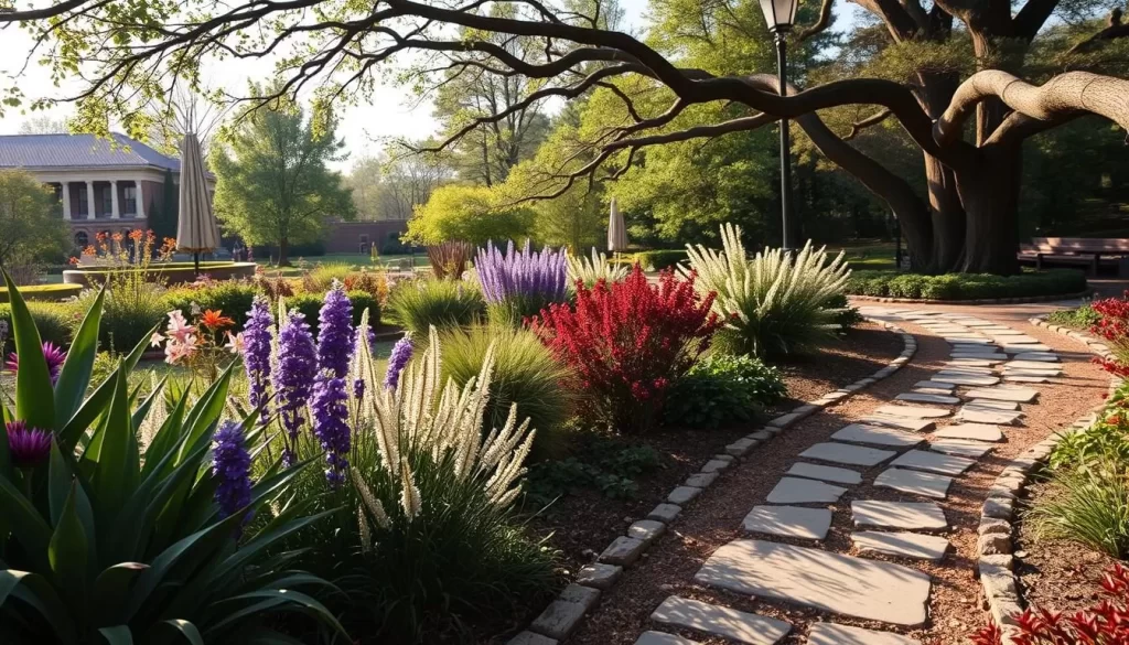 Generate an image of the University of Alabama Arboretum's serene walking trails and curated gardens.
