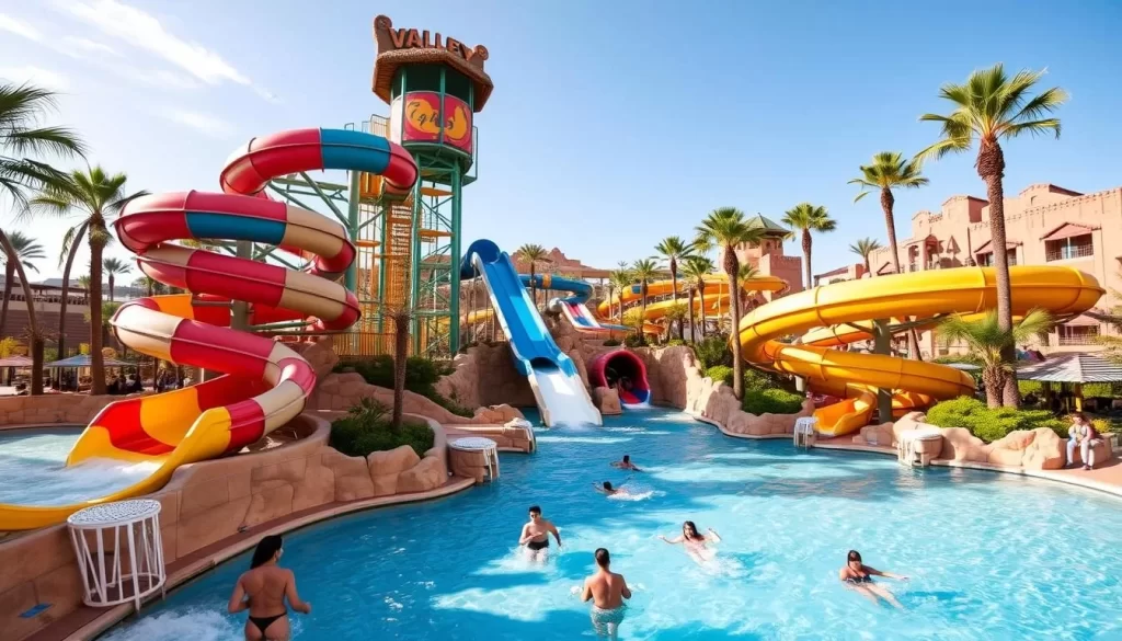 Generate an image of the Valley of Waves Water Park at Sun City, showcasing its thrilling water slides and wave pools.